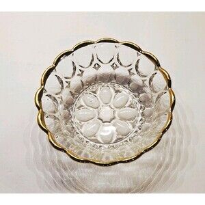 ​8 Vintage Jeannette Glass Kings Crown Thumbprint Gold Rim MCM Dessert Bowls Set